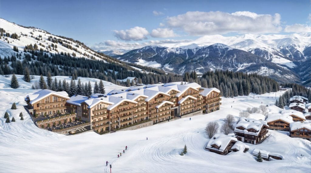 One&Only Courchevel – Außenansicht des Resorts im verschneiten Alpenpanorama, Luxushotel Französische Alpen